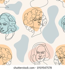 Modern abstract faces. Modern female and male silhouettes. Hand drawn outline trendy illustration. Continuous line, minimalistic concept. Colored vector seamless pattern. Pastel shades