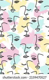 Modern abstract faces. female silhouettes. A hand-drawn outline of a fashionable illustration. Continuous line, minimalistic concept. brush strokes, spots. pastel Color vector seamless background. 