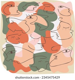 Modern abstract faces. Hand drawn outline trendy illustration. Colored vector seamless pattern. Pastel colors