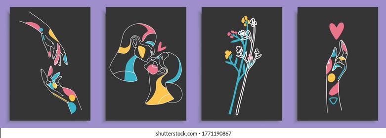 Modern abstract faces, hands, with abstract shapes. Minimalism concept. Line art drawing style. Contemporary silhouette of woman and man. Hand drawn trendy vector posters, illustrations for print.