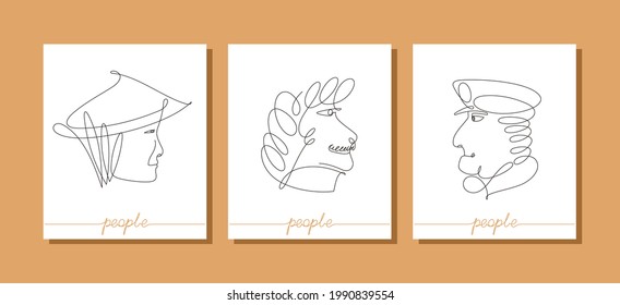 Modern abstract faces. Male elegant portrait in profile. Contemporary surreal graphics. One line of continuous vector design.