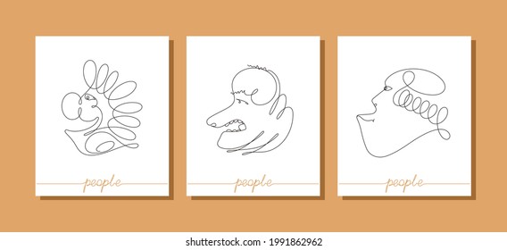 Modern abstract faces. Male elegant portrait in profile. Contemporary surreal graphics. One line of continuous vector design.