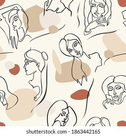 Modern abstract faces seamless pattern. Contemporary outline female silhouettes. Colored spots. Hand drawn outline trendy vector illustrations.Continuous line, drawing of faces, fashion concept.