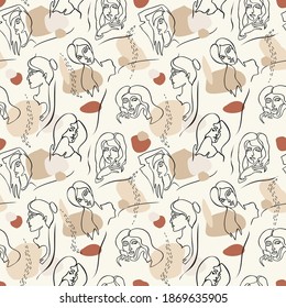 Modern abstract faces seamless pattern. Continuous line face women. Hand drawn outline trendy illustration. Continuous line, minimalistic concept. Female portrait for t-shirt fashion print, template