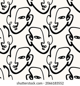 Modern Abstract Faces Seamless Pattern Portrait Linear Ink Brush Line Art Current Contemporary Continuous Cubism Painting Fashion Style Black And White Abstraction Poster Vector Illustration Clipart