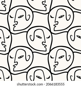 Modern Abstract Faces Seamless Pattern Portrait Linear Ink Brush Line Art Current Contemporary Continuous Cubism Painting Fashion Style Black And White Abstraction Poster Vector Illustration Clipart