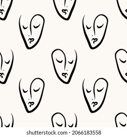Modern Abstract Faces Seamless Pattern Portrait Linear Ink Brush Line Art Current Contemporary Continuous Cubism Painting Fashion Style Black And White Abstraction Poster Vector Illustration Clipart