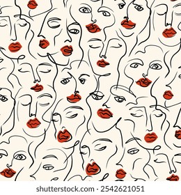 Modern abstract faces seamless pattern ink brush line art in cubism minimal style. One line women's portrait with geometric shapes, fashionable concept. Vector illustration.