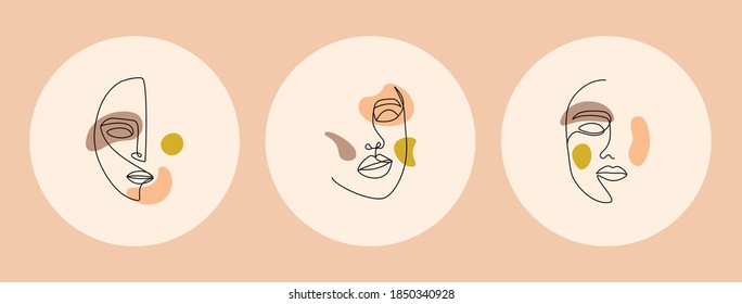 Modern abstract faces set. Contemporary outline female silhouette with colored spots for social media covers. Hand drawn cubist portraits, trendy vector illustrations in pastel colors