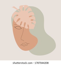 Modern abstract faces with abstract shapes. Drawing of woman face, fashion concept, woman beauty minimalist with geometric doodle. Abstract floral elements pastel colors. Vector illustration