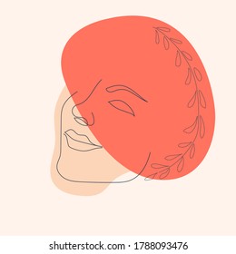 Modern abstract faces with abstract shapes. Drawing of woman face, fashion concept, woman beauty minimalist with geometric doodle. Abstract floral elements pastel colors. Vector illustration