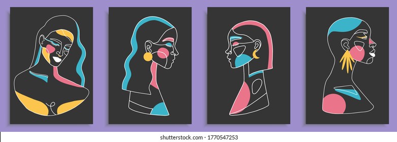 Modern abstract faces with abstract shapes. Minimalism concept. Line art drawing style. Contemporary silhouette of woman. Hand drawn trendy vector posters, illustrations for print.