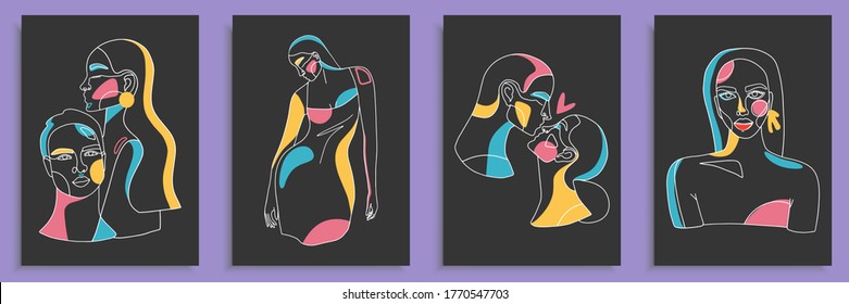 Modern abstract faces with abstract shapes. Minimalism concept. Line art drawing style. Contemporary silhouette of woman and man. Hand drawn trendy vector posters, illustrations for print.