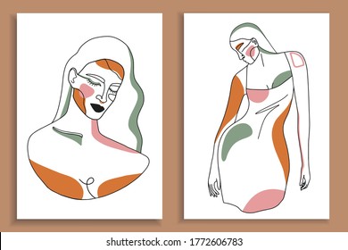 Modern abstract faces with abstract shapes. Minimalism concept. Line art drawing style. Contemporary silhouette of woman. Hand drawn trendy vector posters, illustrations for print.