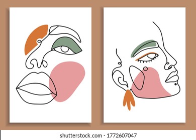 Modern abstract faces with abstract shapes. Minimalism concept. Line art drawing style. Contemporary silhouette of woman. Hand drawn trendy vector posters, illustrations for print.