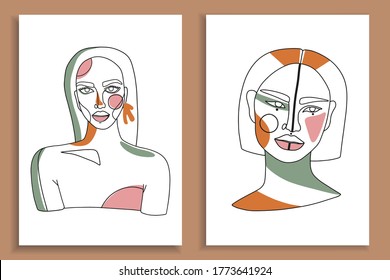 Rostros abstractos modernos con formas abstractas. El concepto de minimalismo. Estilo de dibujo de líneas. Silueta contemporánea de mujer. Afiches vectoriales de moda dibujados a mano, ilustraciones para imprimir.