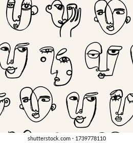 Modern abstract Faces. Various face expressions. Hand drawn Outline Vector Seamless pattern. Background, Wallpepr. Continuous line, minimalistic concept. Perfect for textile prints