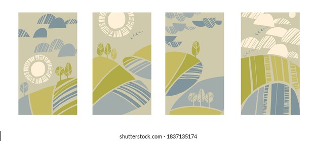 Modern abstract fall nature vertical scenery with cloud, fields, sun, sky. Romantic laconic autumn landscape set for card, header, invitation, poster, social media, post publication.
