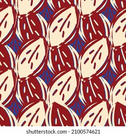 Modern abstract faux mono print leaves vector background. Seamless geometric diagonal pattern. Simple imitation lino cut effect overlapping leaf foliage red blue criss cross textural repeat.