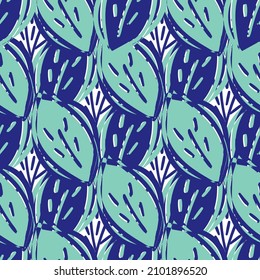 Modern abstract faux mono print leaves vector background. Seamless geometric diagonal pattern. Simple imitation lino cut effect overlapping leaf foliage blue criss cross textural repeat.