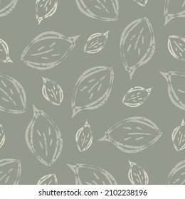 Modern abstract faux mono print scattered leaves background. Seamless vector pattern Simple imitation lino cut effect leaf foliage neutral monochrome beige backdrop. Irregular stamp craft style repeat