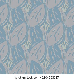 Modern abstract faux mono print leaves vector background. Seamless geometric diagonal pattern. Simple imitation lino cut effect overlapping leaf foliage blue pink grey criss cross textural repeat.