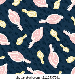 Modern abstract faux mono print scattered leaves background. Seamless vector pattern Simple imitation lino cut effect leaf foliage blue pink yellow on textured backdrop. Craft style botanical repeat.