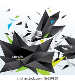 Modern abstract figure of black triangles surrounded flying splinters on a white background