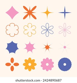 Modern abstract figures and lines. Groovy figures. Retro-style shapes. Elements for designing posters, banners, stickers, and decals. Vector illustration of stars, flowers, forms, and lines