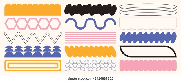 Modern abstract figures and lines. Shapes in vibrant colors. Groovy figures. Elements for designing posters, banners, stickers, and decals. Vector illustration of forms, lines, geometric shapes