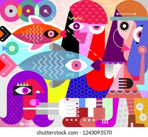 Modern Abstract Fine Art Women And Fish Vector Illustration. 