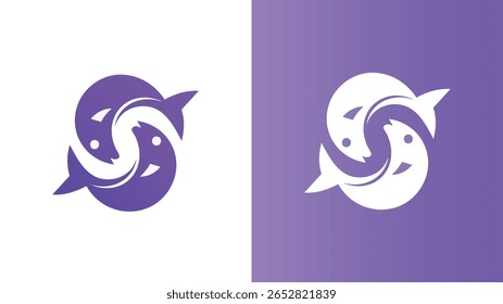 Design moderno logotipo de peixe abstrato em gradiente roxo, estilo yin yang circular, ícone vetorial criativo para branding, identidade de negócios, temas aquáticos, web, aplicativo, marketing e uso profissional da empresa.
