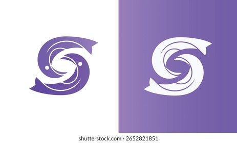Design moderno logotipo de peixe abstrato em gradiente roxo, estilo yin yang circular, ícone vetorial criativo para branding, identidade de negócios, temas aquáticos, web, aplicativo, marketing e uso profissional da empresa.
