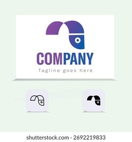 A modern abstract fish logo in gradient purple and blue, with text placeholders for company and tagline.