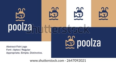 Modern abstract fish logo with pool ladder and wave elements. This geometric design features a stylized fish inspired by the mahi mahi, integrated with pool ladder rails and wave lines. 