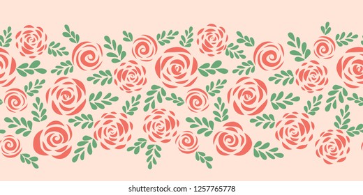 Modern abstract flat roses and leaves red pink seamless vector border. Floral silhouettes. Flower pattern for Valentines, greeting card, poster, web banner, frame, stencil for laser cutting, die cut.