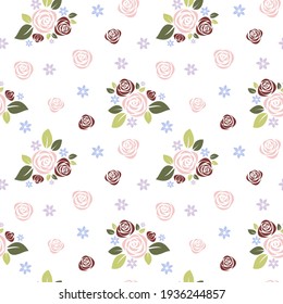 Modern abstract flat roses and leaves seamless vector background. Floral silhouettes. Flower pattern.