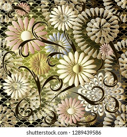 Modern abstract floral 3d vector seamless pattern. Ornamental lace colorful background. Geometric spiral shapes, flowers, leaves, lines, curves, circles. Repeat ornate grid lattice backdrop. Ornament.