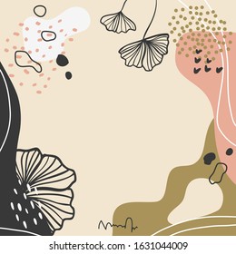 Modern abstract floral art vector leaves background. Hand draw leaves and line art background for paper, cover, fabric, interior decor.