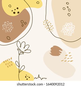 Modern abstract floral art vector leaves background. Hand draw leaves and line art background for paper, cover, fabric, interior decor.