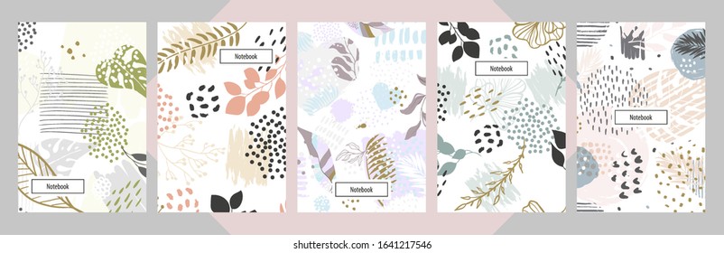 Modern abstract floral art vector notebook background. Hand draw template leaves and line art background for paper, cover, fabric, interior decor.