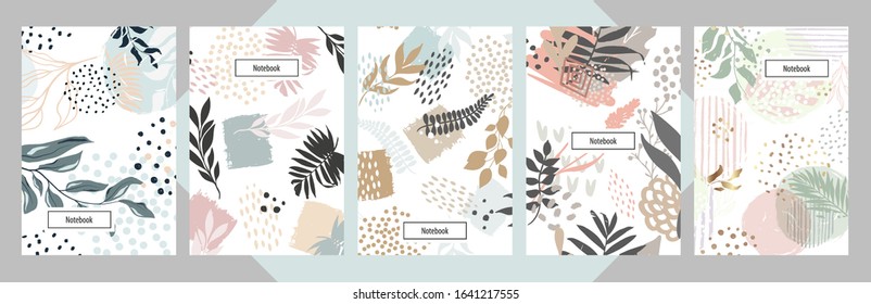 Modern abstract floral art vector notebook background. Hand draw template leaves and line art background for paper, cover, fabric, interior decor.