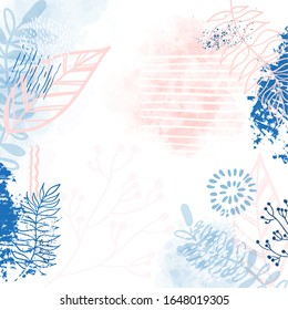 Moderne abstrakte Vektorillustration der Blumen hinterlässt den Hintergrund. Handgezeichnete Blätter und Kunsthintergrund für Papier, Decken, Stoff, Inneneinrichtung.