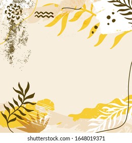 Modern abstract floral art vector leaves background. Hand draw leaves and line art background for paper, cover, fabric, interior decor.