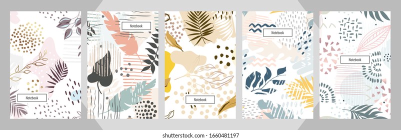 Modern abstract floral art vector notebook background  Hand draw template leaves   line art background for paper  cover  fabric  interior decor 
