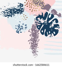 Modern abstract floral art vector leaves background. Hand draw leaves and line art background for social media, cover, fabric, interior decor.