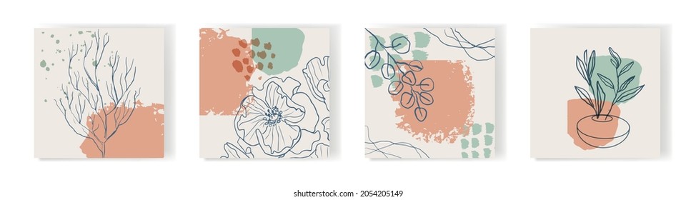 Modern abstract floral art vector background with plant elements and abstract forms. For social networks stories, posts and posters