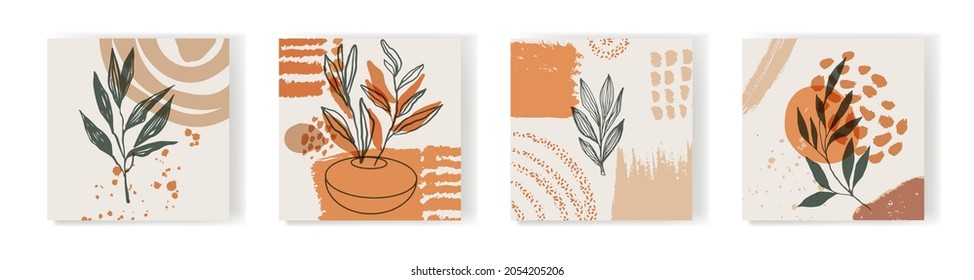 Modern abstract floral art vector background with plant elements and abstract forms. For social networks stories, posts and posters