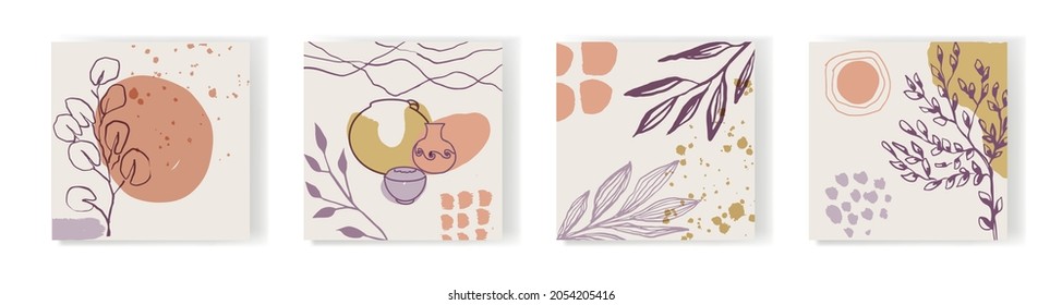 Modern abstract floral art vector background with plant elements and abstract forms. For social networks stories, posts and posters
