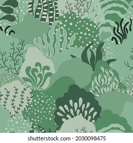 Modern abstract floral background. Vector flat illustration with green leaves and  hills. Can be used for textiles, wrapping papers, packaging.